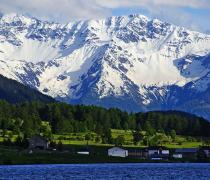 The Haidersee with view of the snow-capped Ortler