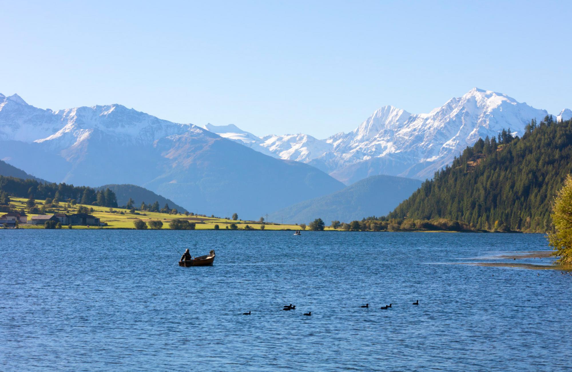 Paradise for anglers on Lake Haidersee on Reschen Pass